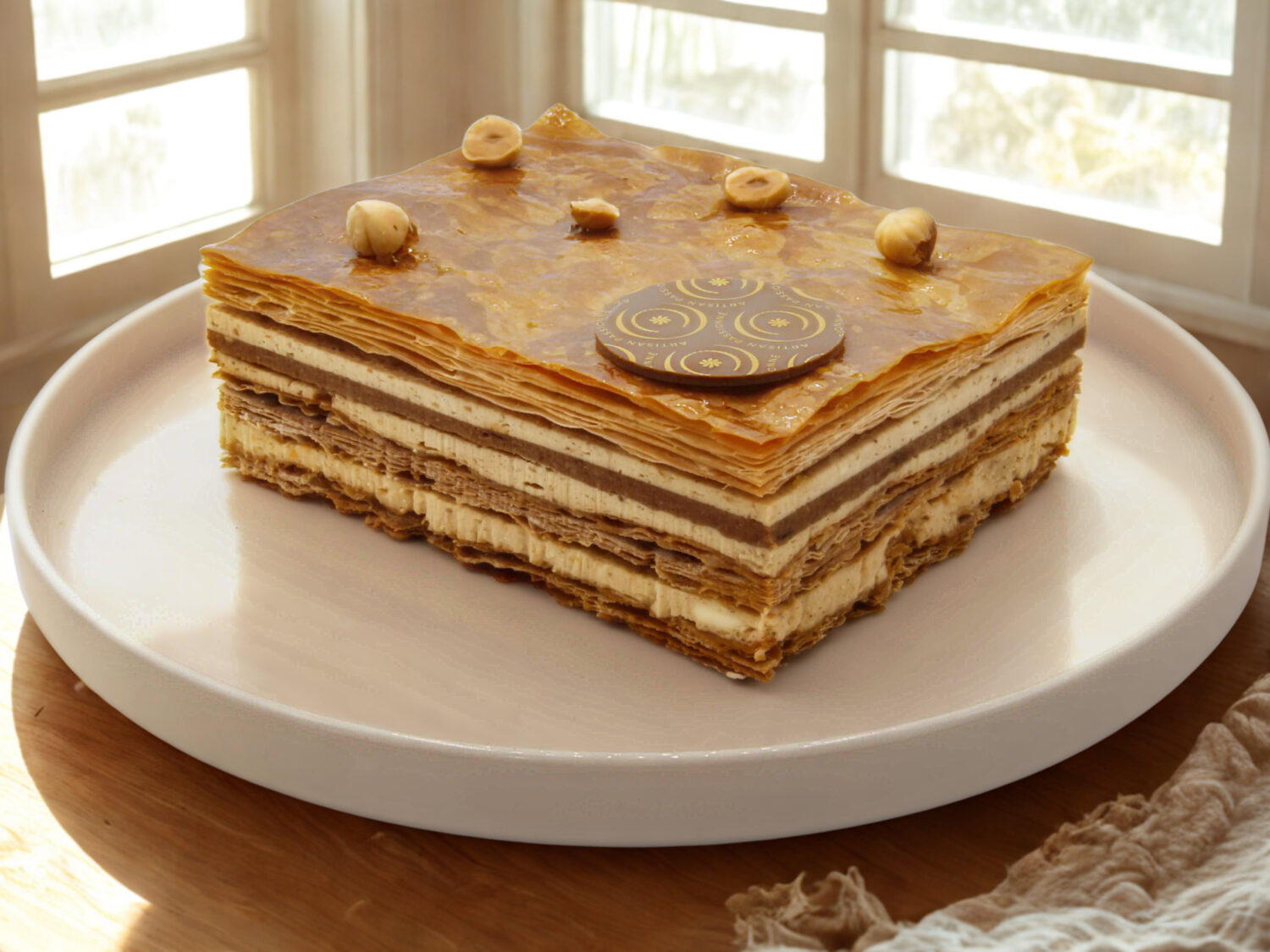 Photo du mille-feuille praliné croustillant, garni de crème onctueuse au praliné