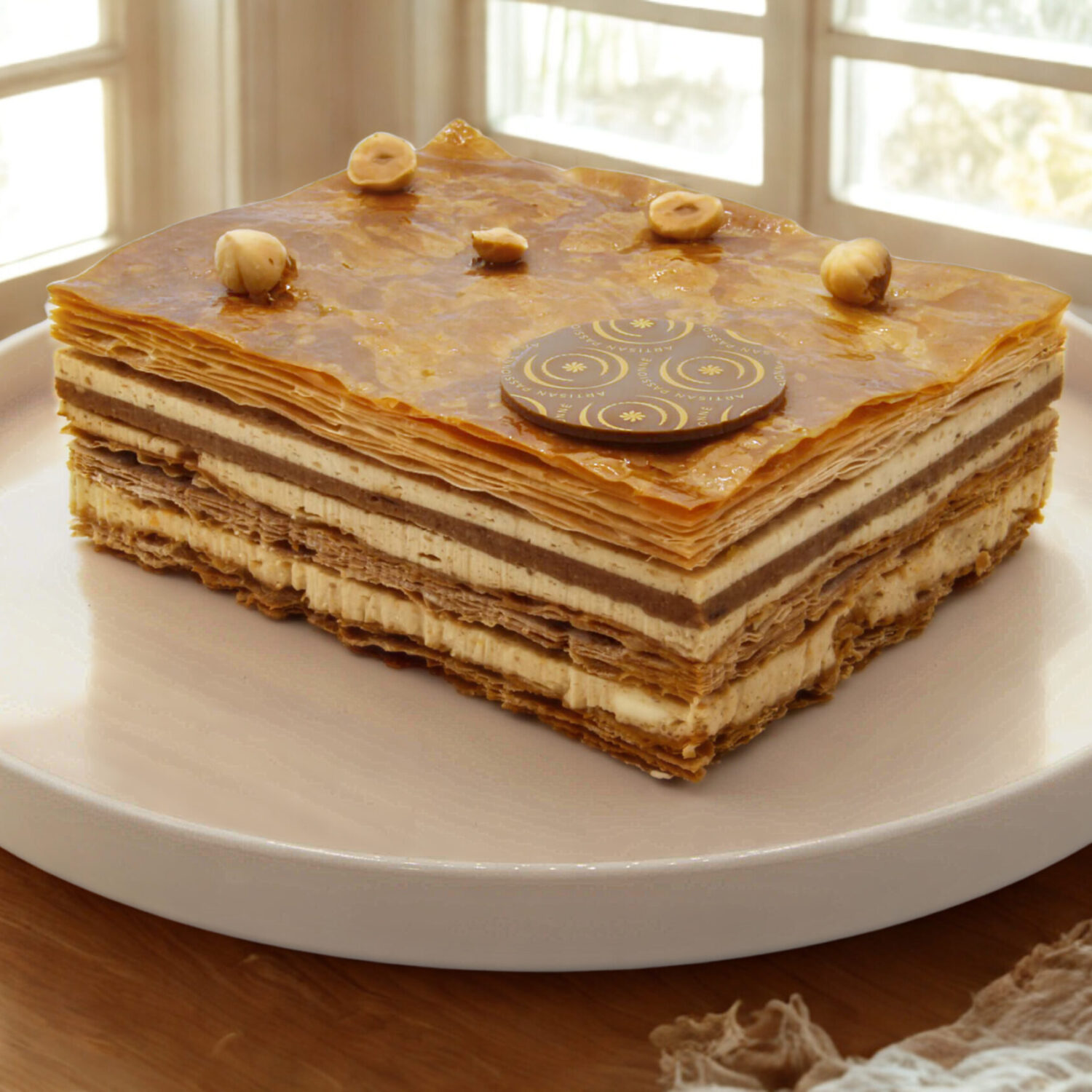 Photo du mille-feuille praliné croustillant, garni de crème onctueuse au praliné