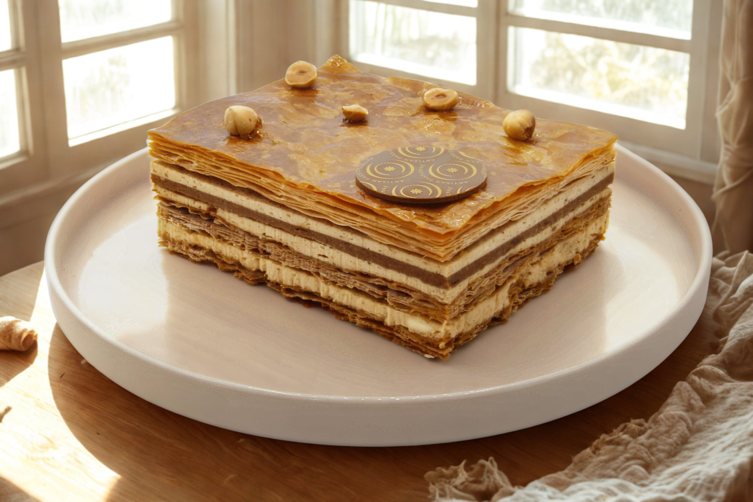 Photo du mille-feuille praliné croustillant, garni de crème onctueuse au praliné