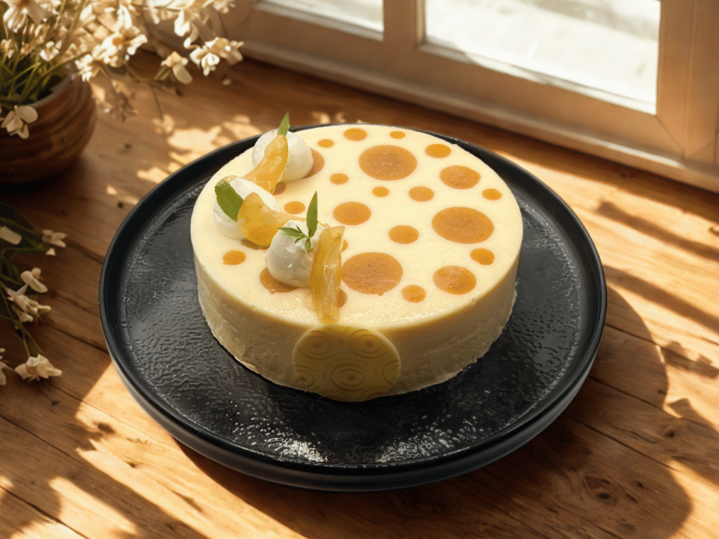 Photo du dessert Roussillon, aux amandes, abricot et verveine, à la fois léger et gourmand.