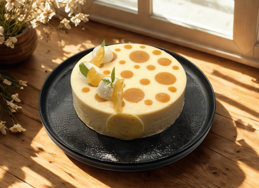 Photo du dessert Roussillon, aux amandes, abricot et verveine, à la fois léger et gourmand.