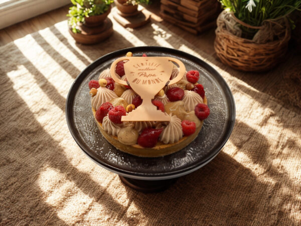 Tarte artisanale spéciale Fête des Pères, décorée de framboises fraîches, de crème pralinée et d’un trophée en chocolat avec l’inscription « Meilleur Papa du Monde »