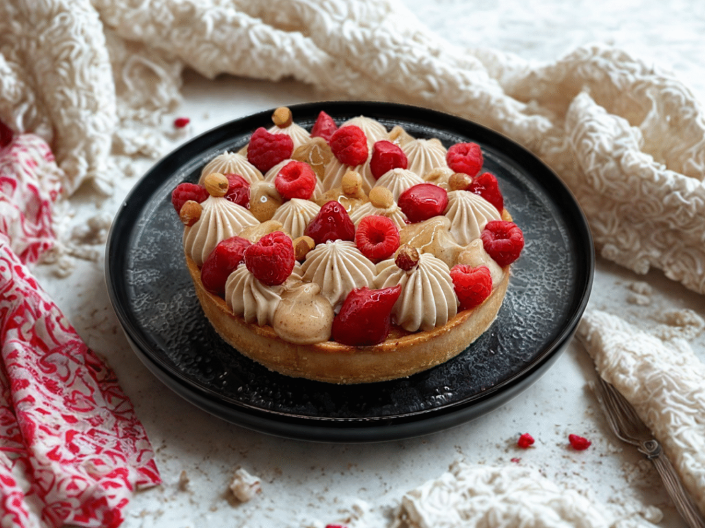 Cette tarte associe une pâte sucrée croustillante, un financier à la noisette, un confit de framboises acidulé, un crémeux praliné fondant et une chantilly au chocolat au lait origine Madagascar.