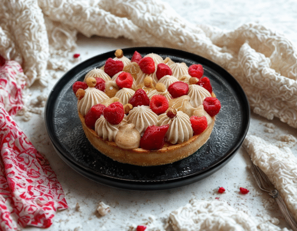Cette tarte associe une pâte sucrée croustillante, un financier à la noisette, un confit de framboises acidulé, un crémeux praliné fondant et une chantilly au chocolat au lait origine Madagascar.